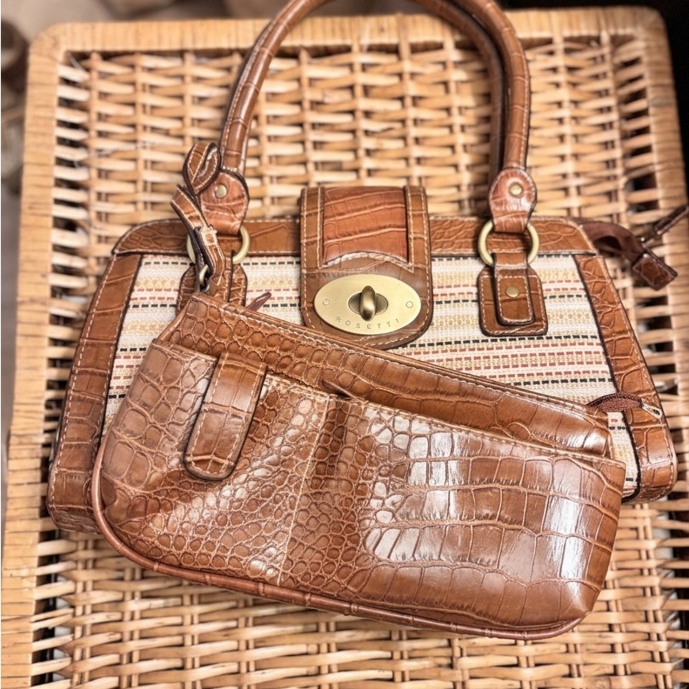 Vintage Rosetti Tapestry & Croc Embossed Faux Leather Satchel &Wristlet Set NWOT